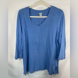 Chicos 100% linen blouse, light blue tshirt style with a cute panel in the back